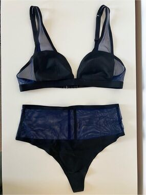 Victoria’s Secret Black and Navy Mesh Bralette and High Waisted Thong Set